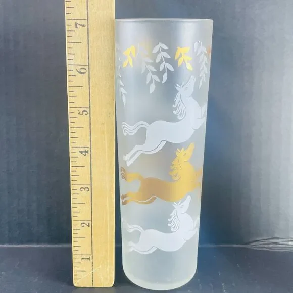 VTG Libbey CAVALCADE Collins Glasses Lot of 6 Prancing Horses Frosted Gold MCM - Picture 3 of 9